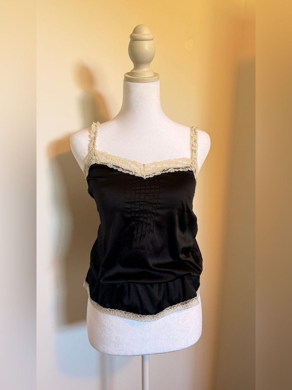 Aerie Black Satin Lace-Trim Cami Top